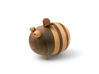 Cute bee miniature made of wood on a white background