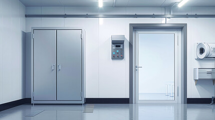 A clean and empty industrial refrigerated room with a closed door to the freezer unit, a control panel, and a large storage cabinet