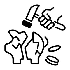 Breaking piggy with hammer showing economic crisis, line icon 