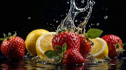 strawberries and lemon splashing in water