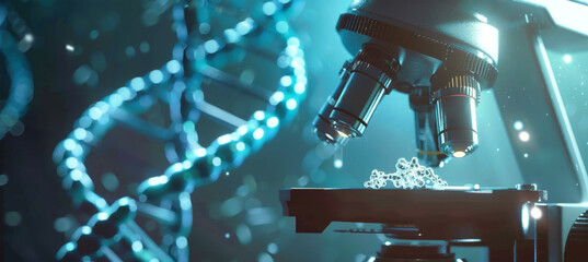 A microscope is focused on a sample, revealing the intricate structure of a DNA double helix