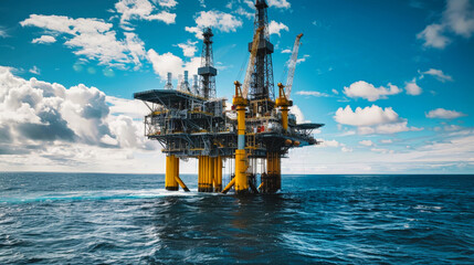 Obraz premium An oil and gas production station stands tall in the vast ocean, surrounded by a mesmerizing blue sky adorned with fluffy white clouds