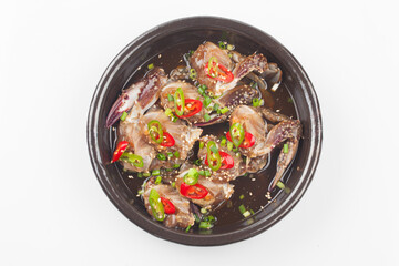  A food made by boiling ingredients such as onions and peppers, then pouring the cooled soy sauce over prepared crabs several times and allowing them to age.
