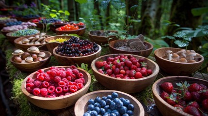 An array of wild berries and mushrooms displayed in wooden bowls awaiting to be incorporated into the culinary creations of the forest canopy dining experience.
