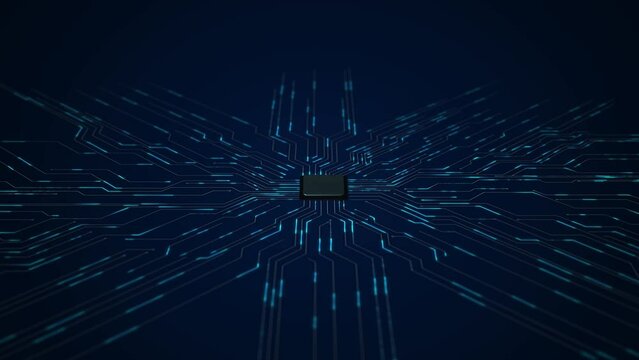 Electronic circuit board processor chipset circuit board background. Futuristic cyberspace concept. Quantum computer, data processing, database. CPU isometric banner. Central Computer Processors CPU