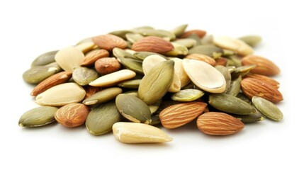Obraz premium A handful of nuts and seeds such as almonds and pumpkin seeds which are also high in healthy fatty acids and can be combined with avocado oil for a nutritious snack.