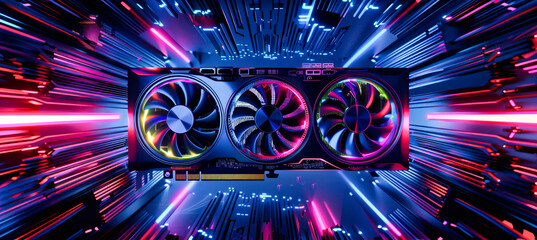 A close-up view of a video card, showcasing its vibrant fans and illuminated circuits in a futuristic neon setting