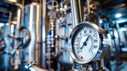A close-up shot of a temperature gauge in a factory or industrial setting, with a blurred background of pipes and equipment