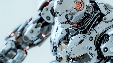 Fototapeta premium A detailed close-up of a realistic toy robot with intricate mechanical parts, set against a solid metallic silver background.