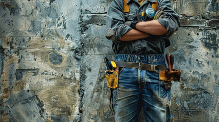 Fototapeta premium A construction worker, dressed in work clothes and a tool belt, stands with arms crossed against a weathered concrete wall, showing the tough nature of his work