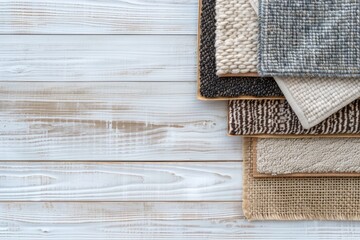 Stack of Woven Rugs on Whitewashed Wood