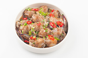 A food made by boiling ingredients such as onions and peppers, then pouring the cooled soy sauce over prepared crabs several times and allowing them to age.

