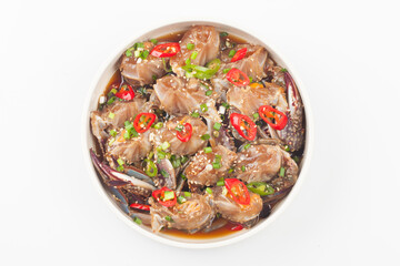  A food made by boiling ingredients such as onions and peppers, then pouring the cooled soy sauce over prepared crabs several times and allowing them to age.
