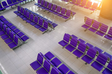 Empty seats waiting room, airport station aerial view