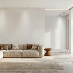 Contemporary Scandinavian Living Room: Modern Design with Beige Couch and White Wall Space for a Sleek Home Environment