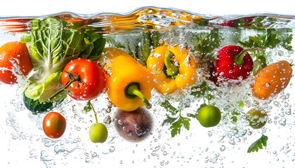 fresh fruits and vegetables in water on a white background