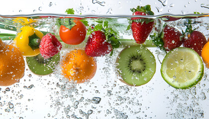 fresh fruits and vegetables in water on a white background