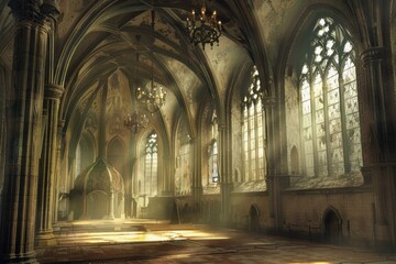 Obraz premium Empty nave of ruined gothic church with sunlight shining through stained glass windows