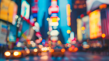 Defocused blur of Times Square in New York City with lights at night and taxi cab