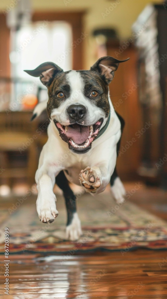 Canvas Prints A happy dog is running indoors. AI.