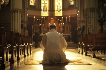 Priest kneeling at the altar of a church in prayer, bathed in sunlight from stained glass windows