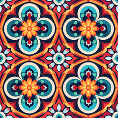 Fototapeta premium A vibrant seamless pattern with intricate floral and geometric designs in bright colors. The decorative motif is ideal for wallpapers, textiles, and other home decor items.