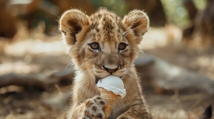 Obraz premium Lion cub enjoying a refreshing ice cream cone on a hot day. AI.