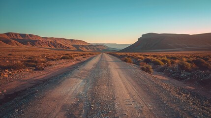 Desert Road Leading to Mountains at Sunset - Generative AI