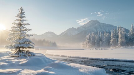Obraz premium Beautiful Winter Landscape with Snow-Covered Trees and Mountains - Generative AI