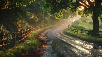 Picturesque Country Road Winding Through Lush Verdant Landscape in Warm Ethereal Glow