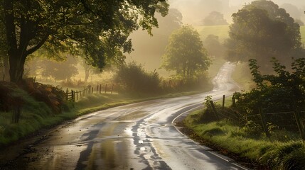Obraz premium Winding Countryside Road Meandering Through Picturesque Misty Landscape