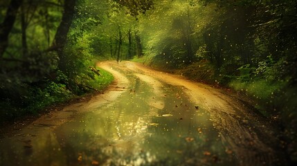 Fototapeta premium Winding Rural Thoroughfare in Warm Golden Bokeh Haze with Reflected Foliage