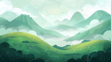 Obraz premium Serene Green Valley. Cartoon Landscape with Rolling Hills and Misty Mountains