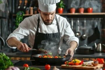 Chef is concentrating on adding meat to a pan of vegetables in a rustic kitchen