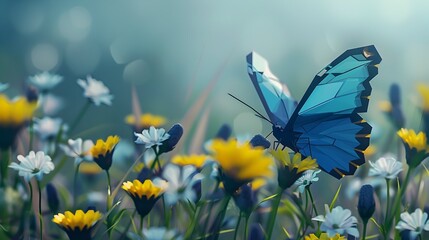 Blue Morpho Butterfly on Wildflowers with Blank Space