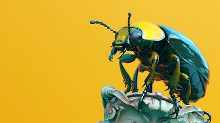 Fototapeta premium Cybernetic Jewel Beetle Perched on a Garden Statue with Vibrant Colors and Metallic Textures