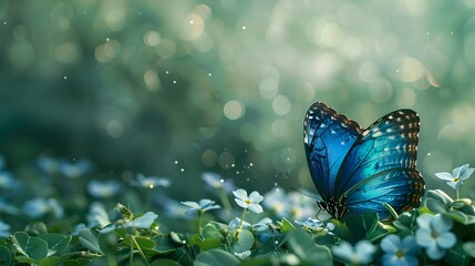 Enchanting Blue Morpho Butterfly Resting on Clover in Lush Green Meadow
