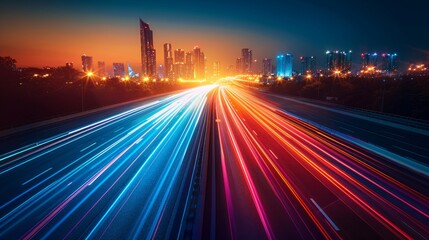 Night City Highway with Light Trails - Generative AI