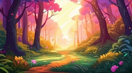 Magical Forest Path with Glowing Light, Whimsical and Enchanting Forest Illustration