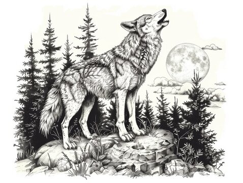 Retro drawing of a cunning wolf howling at the moon, surrounded by detailed forest elements on a white background