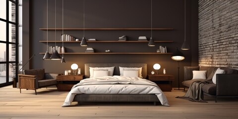 Modern Bedroom Interior Design with Exposed Brick Wall