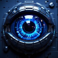 Naklejka premium Eye pupil of a robot, cybernetic eye. Futuristic eye of a robot. AI. Human android cyborg eye futuristic control protection personal internet security access