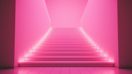 Vibrant neon pink room with staircase  vibrant neon lights modern, edgy, bright ambiance.