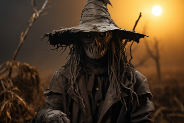 Fototapeta premium A sinister scarecrow in a cornfield, its head a carved pumpkin and its clothes in tatters