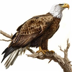 Obraz premium Classic illustration of a majestic eagle perched on a tree branch, with detailed feathers and a white background