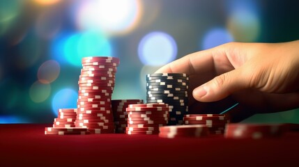 Naklejka premium Vibrant poker chips stacked on a casino table with players hands in the backdrop, showcasing the thrill of gambling.