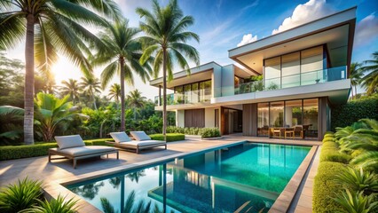 Fototapeta premium The impressive two-story house has a modern design and a swimming pool. It is surrounded by palm trees and has a beautiful view of the sea.