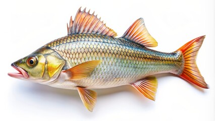 Fototapeta premium The image is of a realistic fish with vibrant colors. It has a yellow body with a white belly and a yellow, orange, and red tail. 