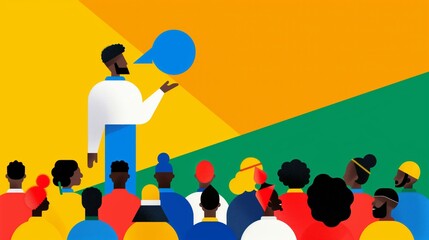 Illustration of young entrepreneur giving motivational speech to diverse aspiring business owners conveying leadership and mentorship