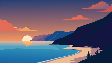 summer view of Petani Beach. Majestic sunset on Cephalonia Island, Greece, Europe flat vector illustration.